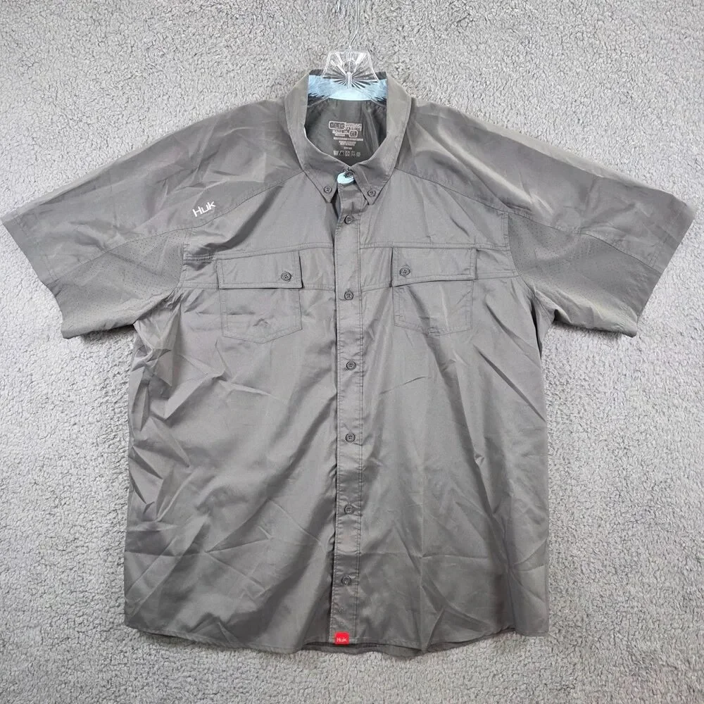 Huk Performance Men's Fishing Button Down Vented Short Sleeve Gray Shirt Size XL - Picture 1 of 11